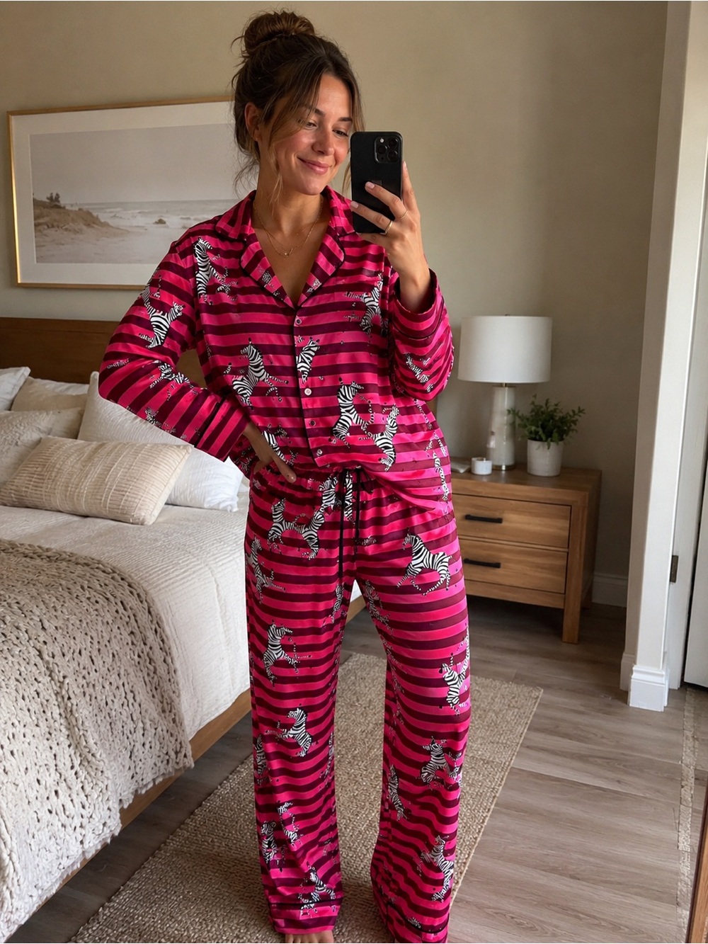 Room Service Womens L Pajama Set Pink Striped Zebra Print Button Up Pants